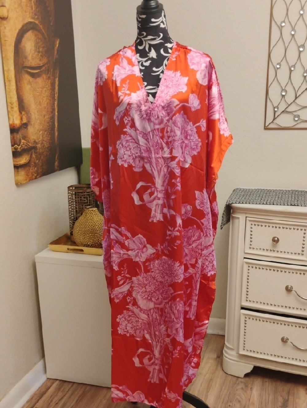 Floral Satin Caftan Dress - Red with Pink Print